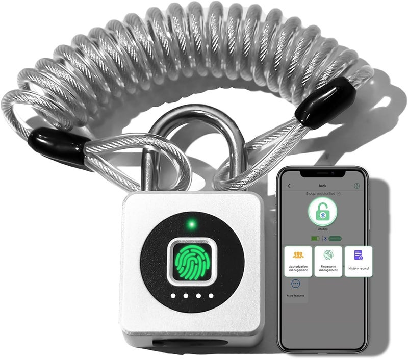 Pothunder Fingerprint Padlock, Fingerprint Lock with APP, Padlock with Steel Cable Keyless Biometric, Waterproof Suitable for Gym, Locker, Helmet, Gate, Fence, Luggage - Image 1